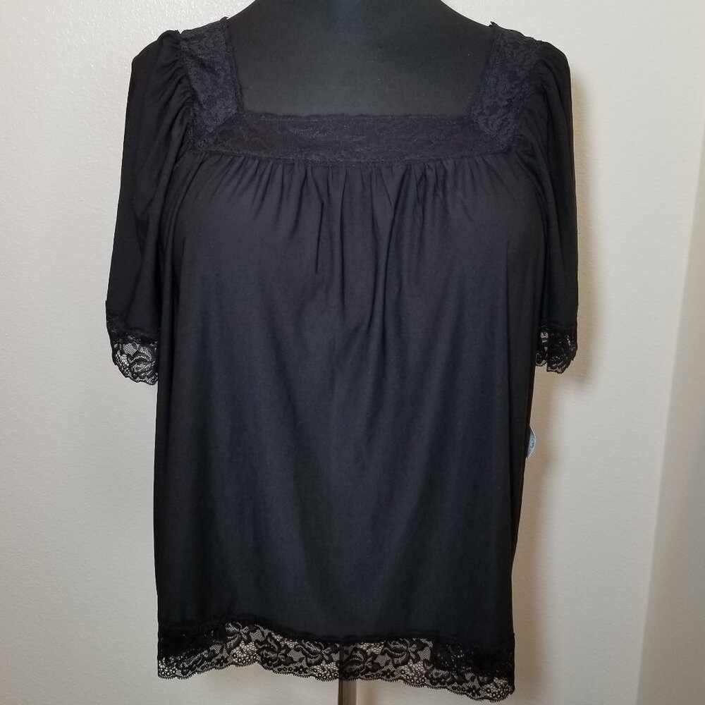 Sweet Rain‎ Womens 1X  Black Lace Trim Flutter Sleeve Top Witchy Goth Grunge NWT